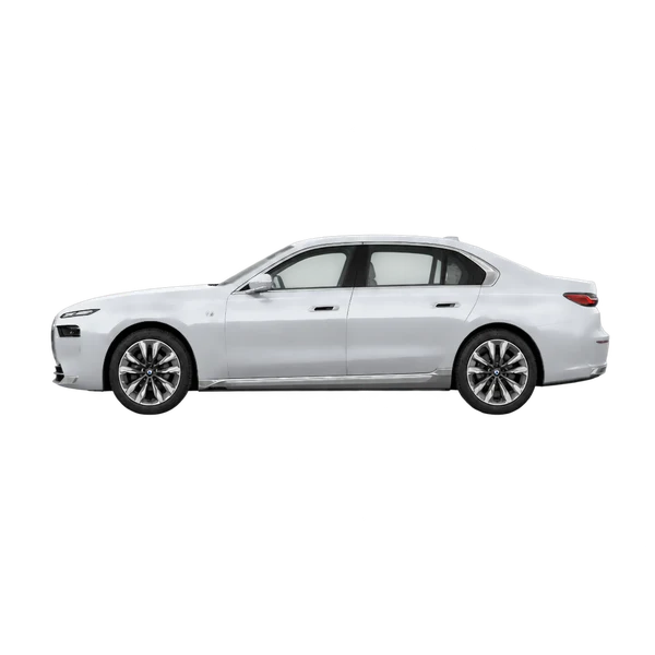 BMW I7 Xdrive60 2026 argent, vue côté (vers la gauche)