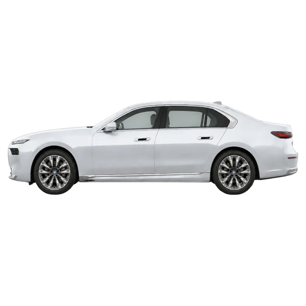 BMW i7 2025 argent, vue côté (vers la gauche)