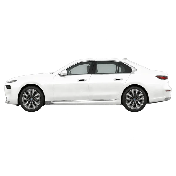 BMW i7 2026 باللون أبيض، منظر جانبي (متجه إلى اليسار)