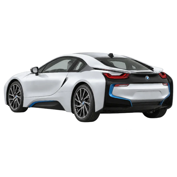 BMW i8 2014 en plateado, vista tres cuartos trasero (mirando a la izquierda)