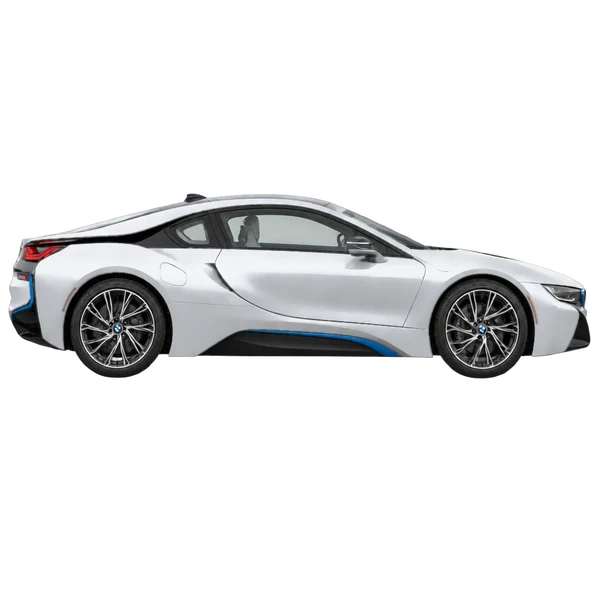 BMW i8 2014 en plateado, vista lateral (hacia la derecha)