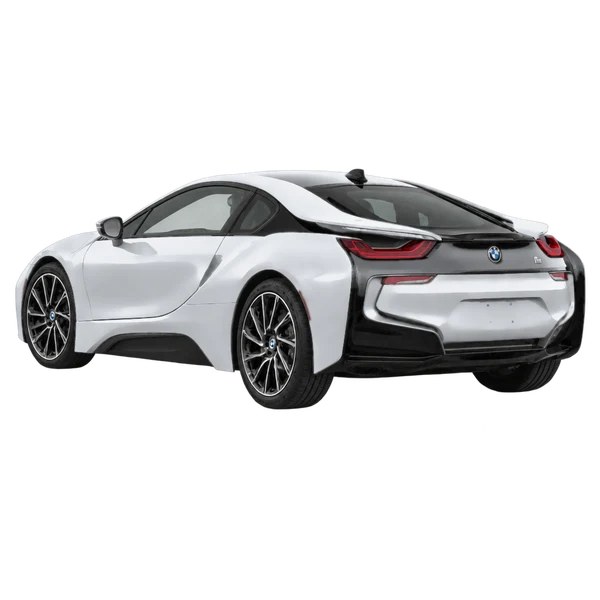 BMW i8 2015 prata, vista três quartos traseira (voltada para a esquerda)