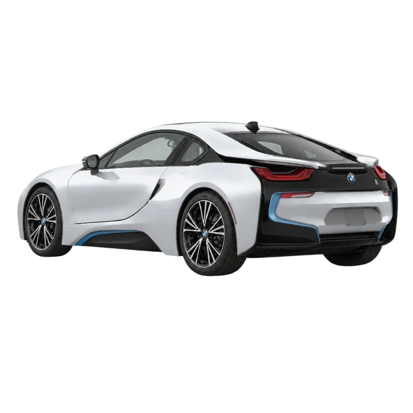 BMW i8 2019 باللون فضي، منظر ثلاثة أرباع خلفي (باتجاه اليسار)