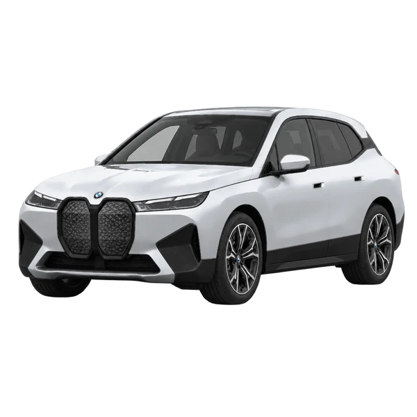 BMW iX 2021 باللون فضي، منظر منظر أمامي بزاوية ثلاثة أرباع (متجه لليسار)