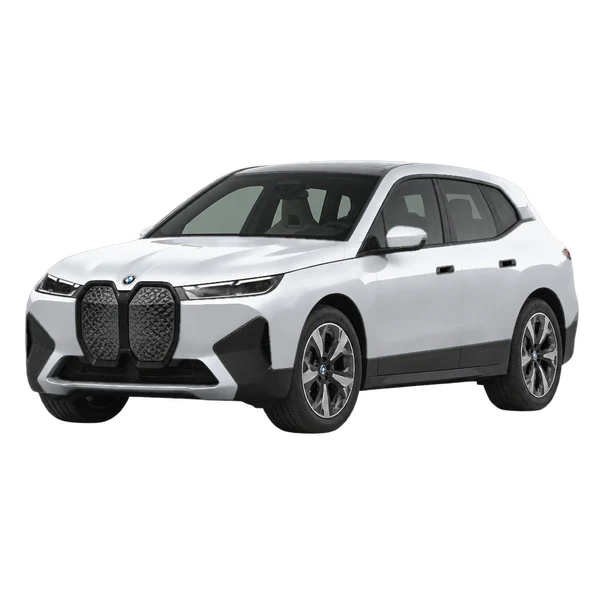 BMW iX 2024 prata, vista dianteira em três quartos (voltada para a esquerda)