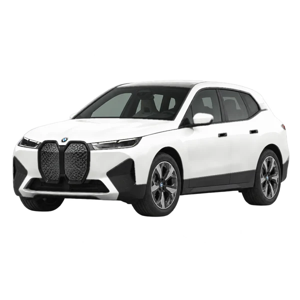 BMW iX 2026 branco, vista dianteira em três quartos (voltada para a esquerda)