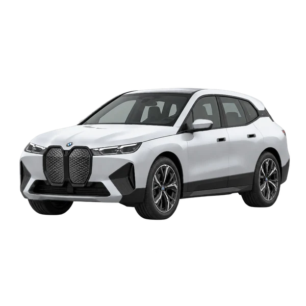 BMW iX 2027 باللون فضي، منظر منظر أمامي بزاوية ثلاثة أرباع (متجه لليسار)