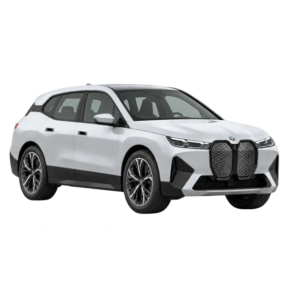 BMW iX 2027 باللون فضي، منظر زاوية ثلاثة أرباع أمامية (باتجاه اليمين)