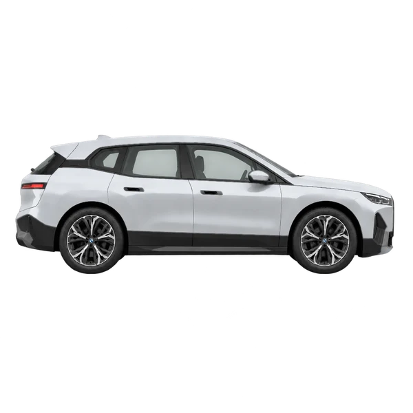 BMW iX 2027 باللون فضي، منظر منظر جانبي (باتجاه اليمين)