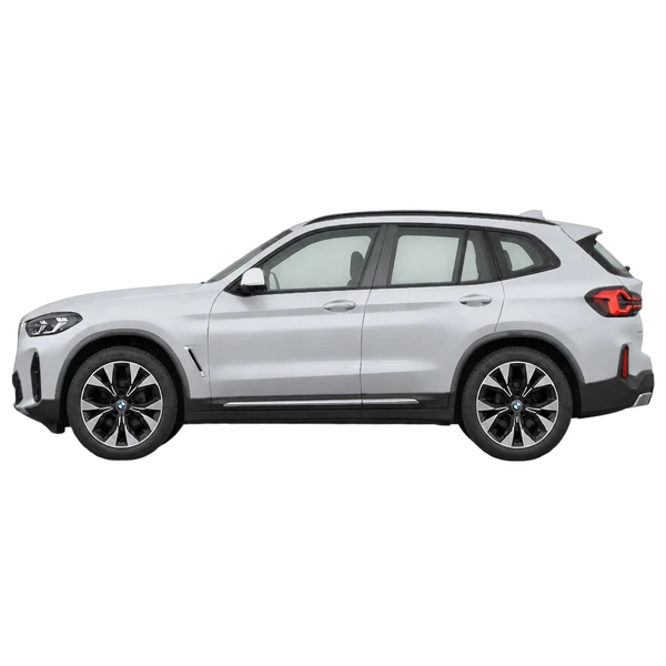 BMW IX3 50 Xdrive 2026 باللون فضي، منظر جانبي (متجه إلى اليسار)