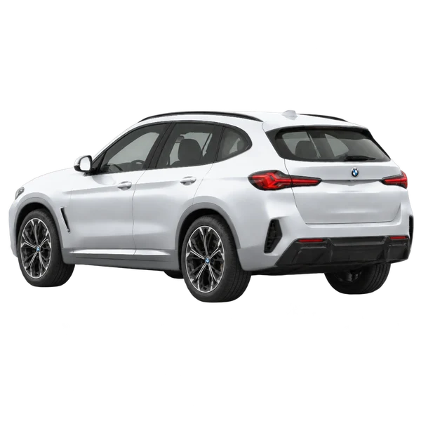 2027 BMW iX4 in Silber, Ansicht: Dreiviertelansicht von hinten (nach links gerichtet)