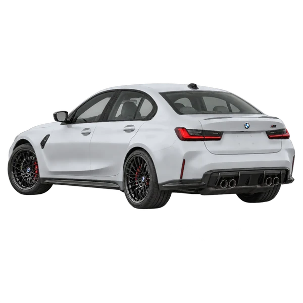 BMW M3 Competition 2021 prata, vista três quartos traseira (voltada para a esquerda)