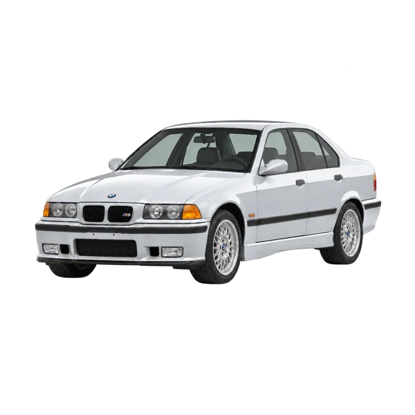 BMW M3 Sedan 1995 en plateado, vista frontal tres cuartos (hacia la izquierda)