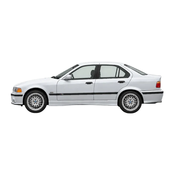 BMW M3 Sedan 1995 en plateado, vista lateral (mirando a la izquierda)