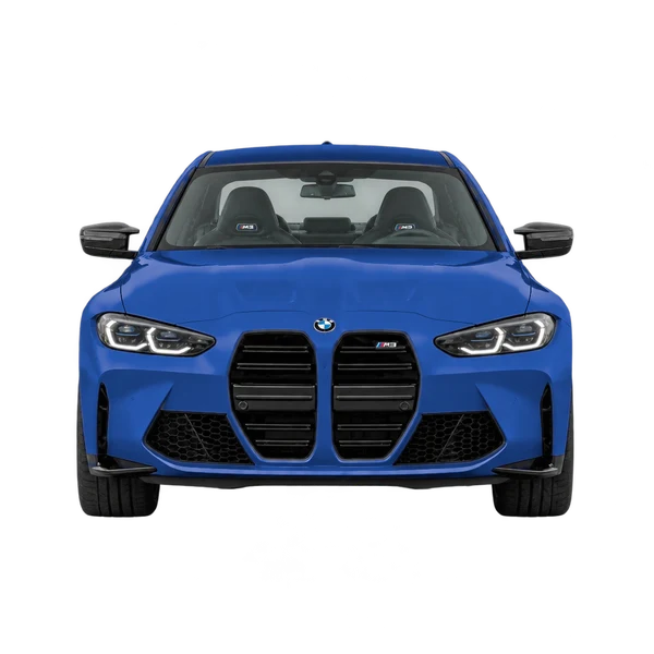BMW M3 2025 باللون أزرق، منظر أمامي
