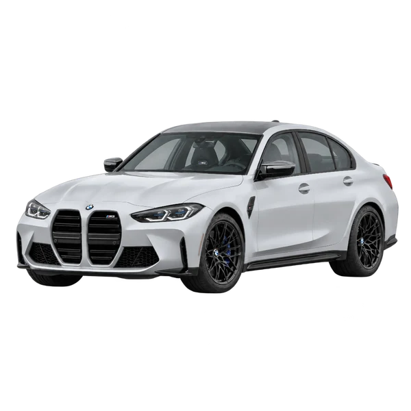 BMW M3 2027 باللون فضي، منظر منظر أمامي بزاوية ثلاثة أرباع (متجه لليسار)