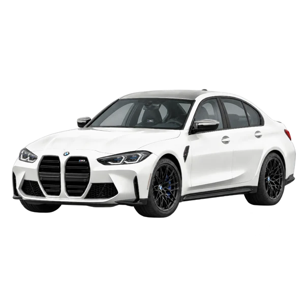 BMW M3 2027 باللون أبيض، منظر منظر أمامي بزاوية ثلاثة أرباع (متجه لليسار)