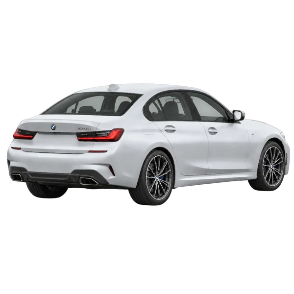 BMW M340i 2021 en plateado, vista tres cuartos trasero (mirando a la derecha)