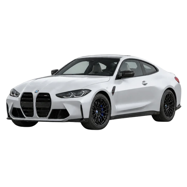 BMW M4 Coupe 2025 argent, vue trois-quarts avant (orienté vers la gauche)