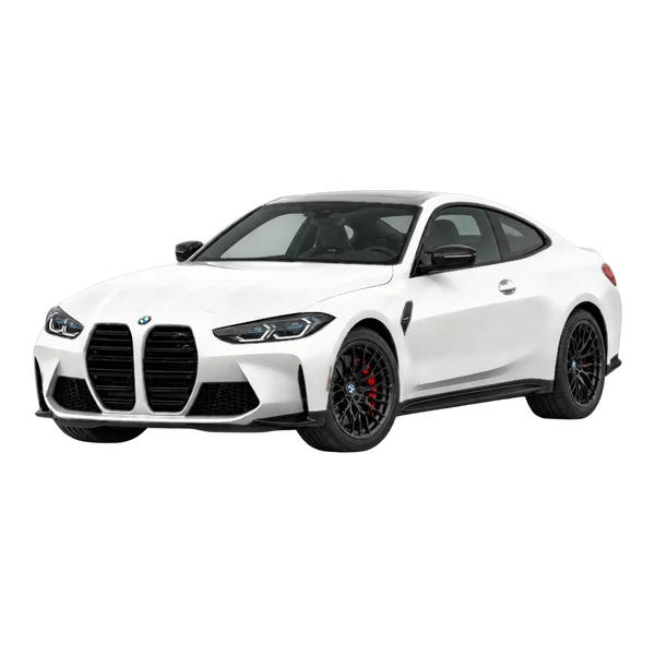 BMW M4 2025 باللون أبيض، منظر منظر أمامي بزاوية ثلاثة أرباع (متجه لليسار)