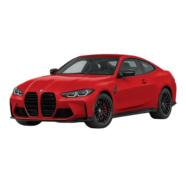 BMW M4 2026 en rojo, vista frontal tres cuartos (hacia la izquierda)
