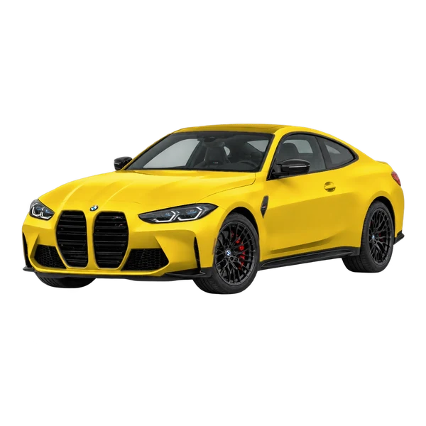 BMW M4 2026 en amarillo, vista frontal tres cuartos (hacia la izquierda)