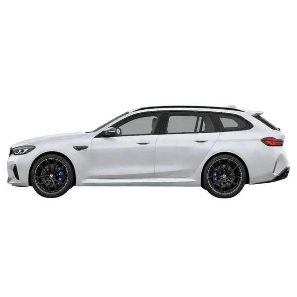 BMW M5 Touring 2027 en plateado, vista lateral (mirando a la izquierda)