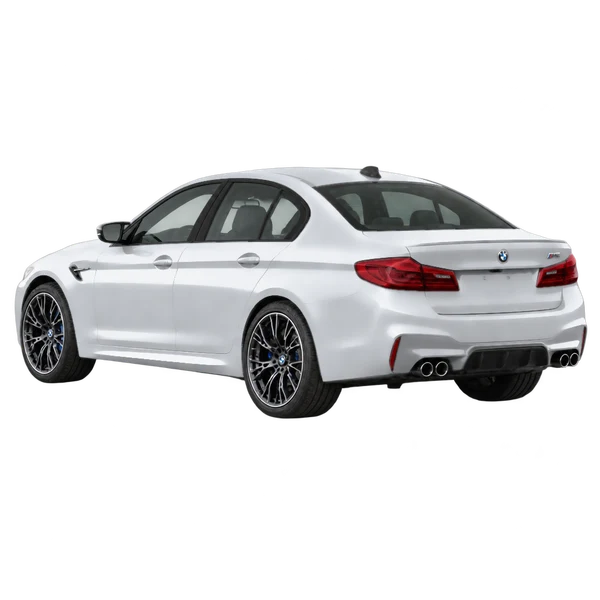 2021 BMW M5 in Silber, Ansicht: Dreiviertelansicht von hinten (nach links gerichtet)