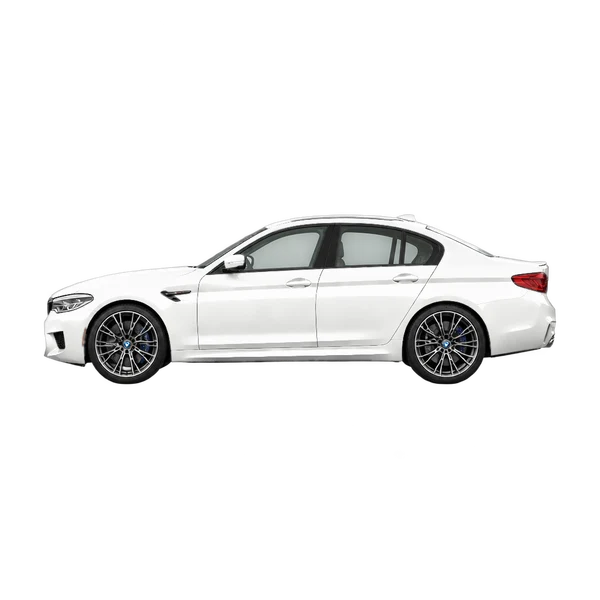 BMW M5 2025 باللون أبيض، منظر جانبي (متجه إلى اليسار)