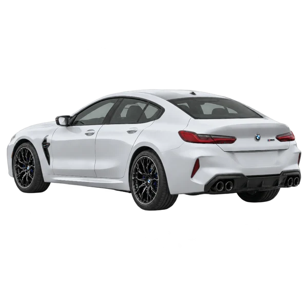2019 BMW M8 in Silber, Ansicht: Dreiviertelansicht von hinten (nach links gerichtet)