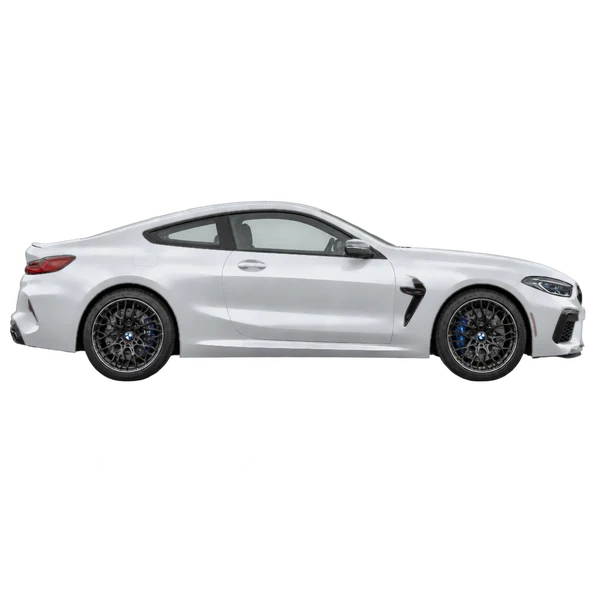 BMW M8 2021 باللون فضي، منظر منظر جانبي (باتجاه اليمين)