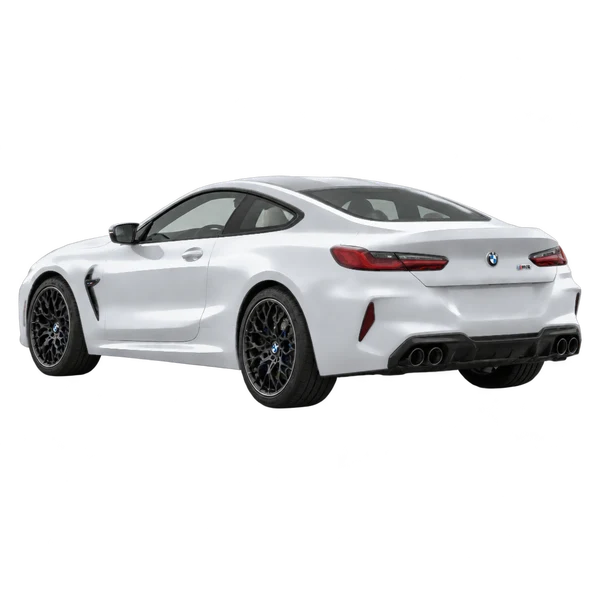 BMW M8 2025 argent, vue trois-quarts arrière (orienté vers la gauche)