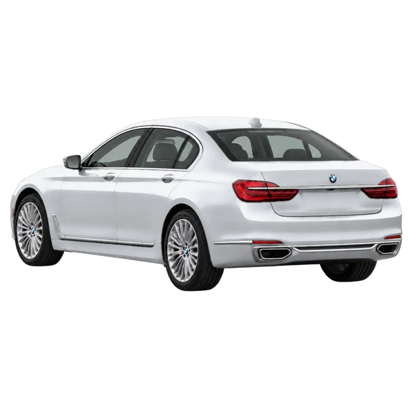 silver 2017 BMW Serie 7 rear three-quarter (facing left) view