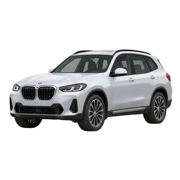 BMW X3 2026 prata, vista dianteira em três quartos (voltada para a esquerda)