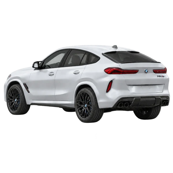 silver 2021 BMW X6 M rear three-quarter (facing left) view