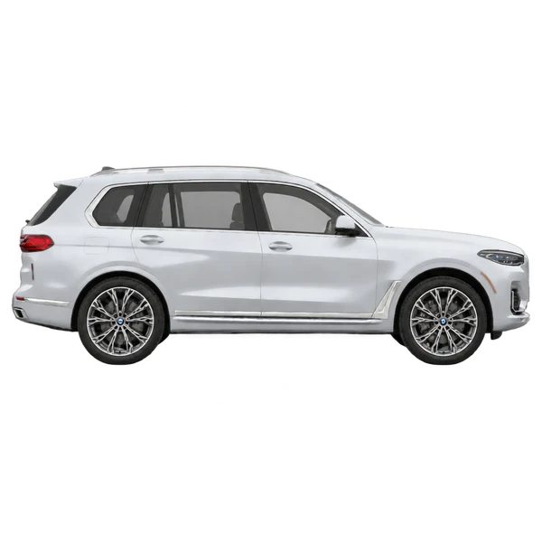 BMW X7 2021 en plateado, vista lateral (hacia la derecha)