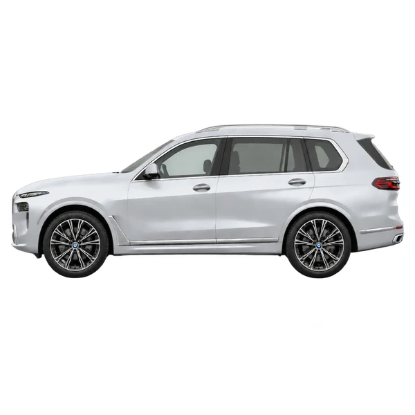 BMW X7 2024 باللون فضي، منظر جانبي (متجه إلى اليسار)