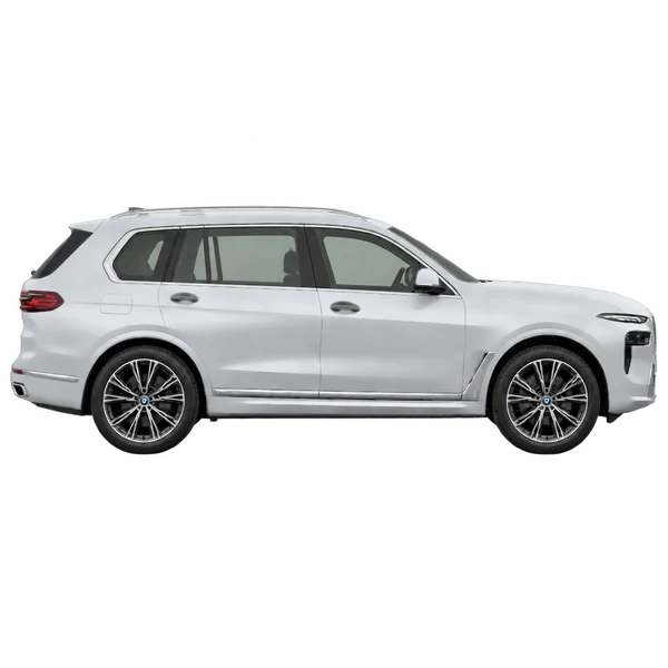 BMW X7 2024 باللون فضي، منظر منظر جانبي (باتجاه اليمين)