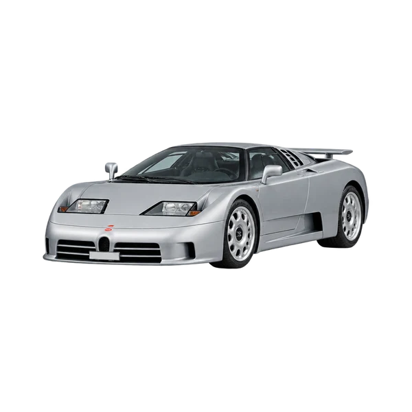 Bugatti EB110 2010 باللون فضي، منظر منظر أمامي بزاوية ثلاثة أرباع (متجه لليسار)