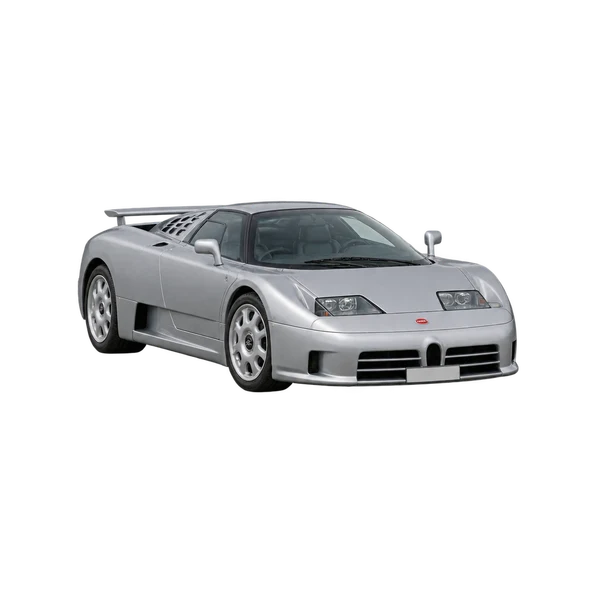 Bugatti EB110 2016 باللون فضي، منظر منظر أمامي بزاوية ثلاثة أرباع (متجه لليسار)