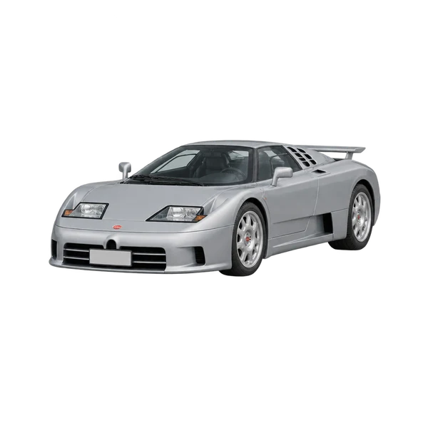 Bugatti EB110 2021 باللون فضي، منظر منظر أمامي بزاوية ثلاثة أرباع (متجه لليسار)