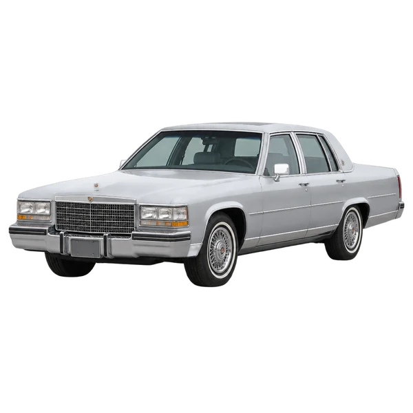 Cadillac Brougham 1990 باللون فضي، منظر منظر أمامي بزاوية ثلاثة أرباع (متجه لليسار)