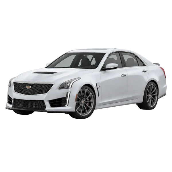Cadillac CTS-V 2016 باللون فضي، منظر منظر أمامي بزاوية ثلاثة أرباع (متجه لليسار)