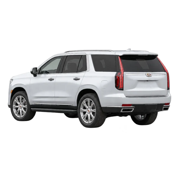 silver 2021 Cadillac Escalade rear three-quarter (facing left) view