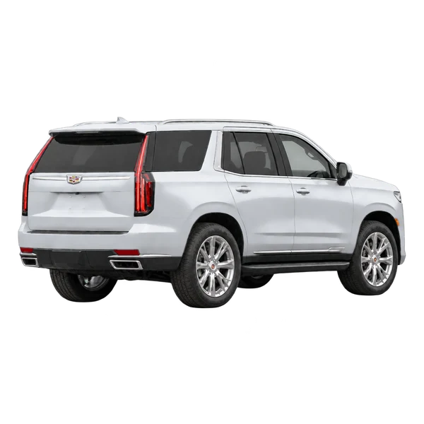 silver 2021 Cadillac Escalade rear three-quarter (facing right) view