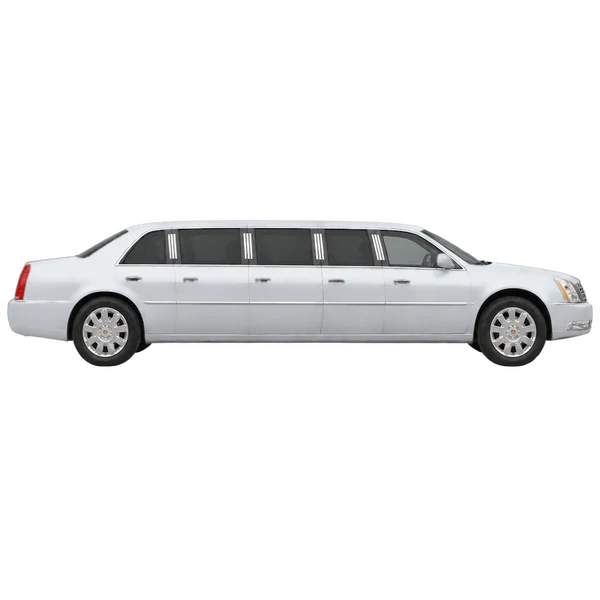 Cadillac Limousine 2010 en plateado, vista lateral (hacia la derecha)