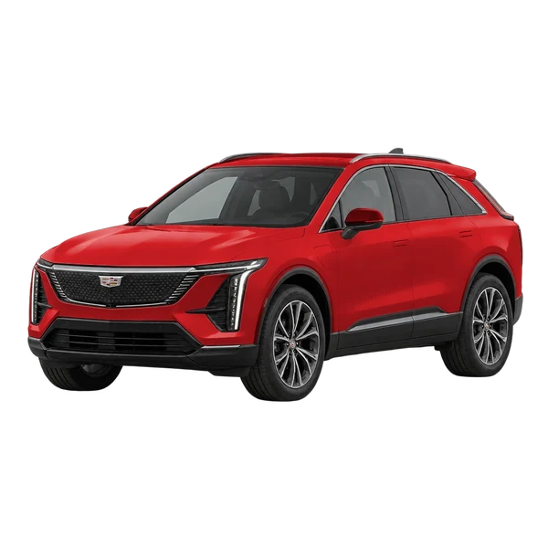 Cadillac Optiq 2025 vermelho, vista dianteira em três quartos (voltada para a esquerda)