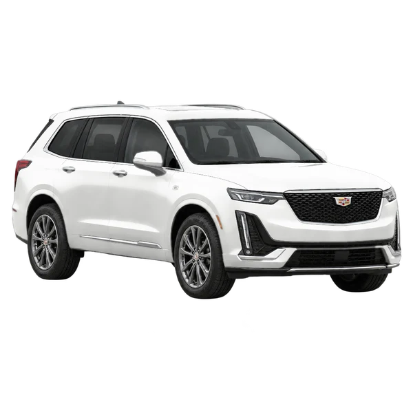 Cadillac XT6 2021 باللون أبيض، منظر منظر أمامي بزاوية ثلاثة أرباع (متجه لليسار)