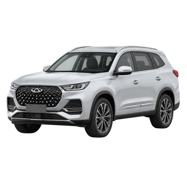 Chery Tiggo 8 Pro 2026 باللون فضي، منظر منظر أمامي بزاوية ثلاثة أرباع (متجه لليسار)