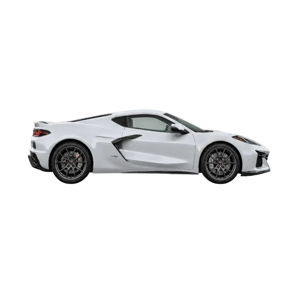Chevrolet Corvette E-Ray 2024 en plateado, vista lateral (hacia la derecha)